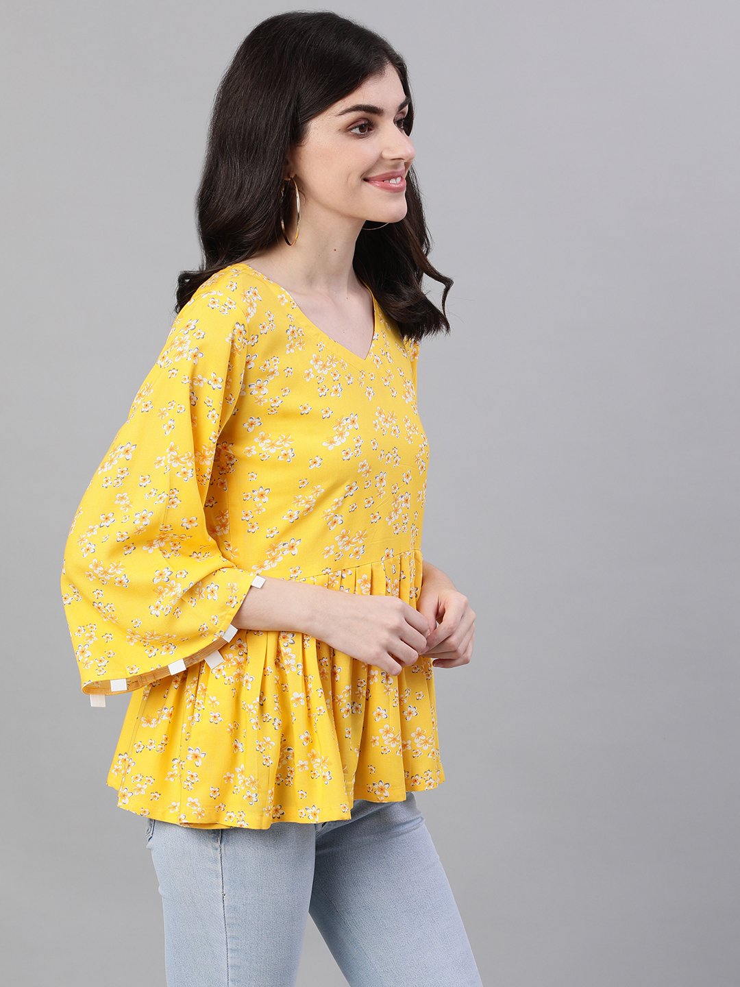 Women's Yellow Three-Quarter Sleeves Gathered Or Pleated Top