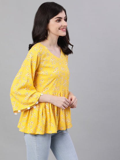 Women's Yellow Three-Quarter Sleeves Gathered Or Pleated Top