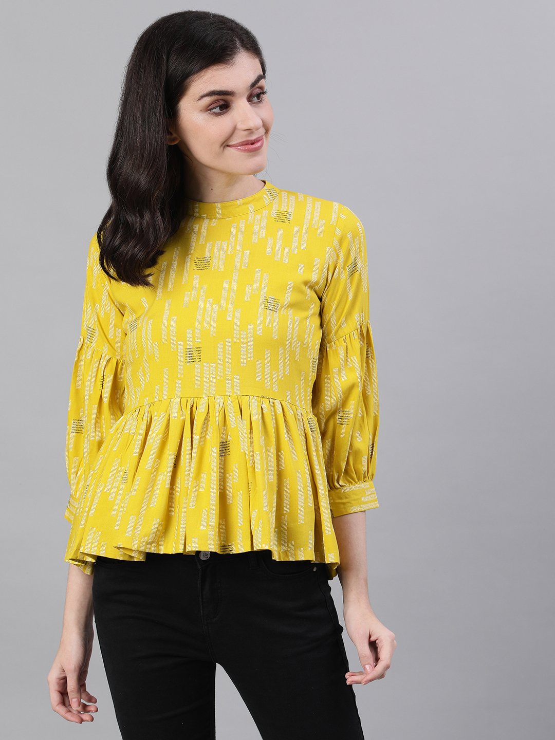 Women's Yellow Three-Quarter Sleeves Gathered Or Pleated Top