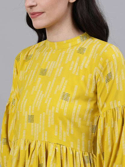 Women's Yellow Three-Quarter Sleeves Gathered Or Pleated Top