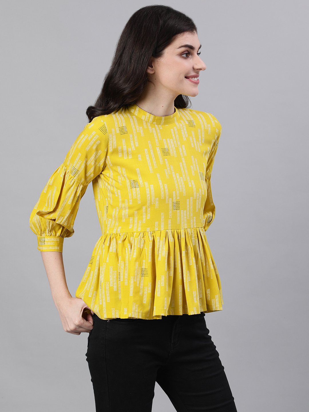 Women's Yellow Three-Quarter Sleeves Gathered Or Pleated Top