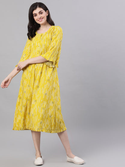 Women's Yellow Conversational Printed Round Neck Viscose Rayon A-Line Dress