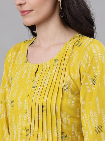 Women's Yellow Conversational Printed Round Neck Viscose Rayon A-Line Dress