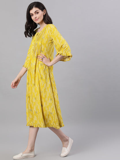Women's Yellow Conversational Printed Round Neck Viscose Rayon A-Line Dress