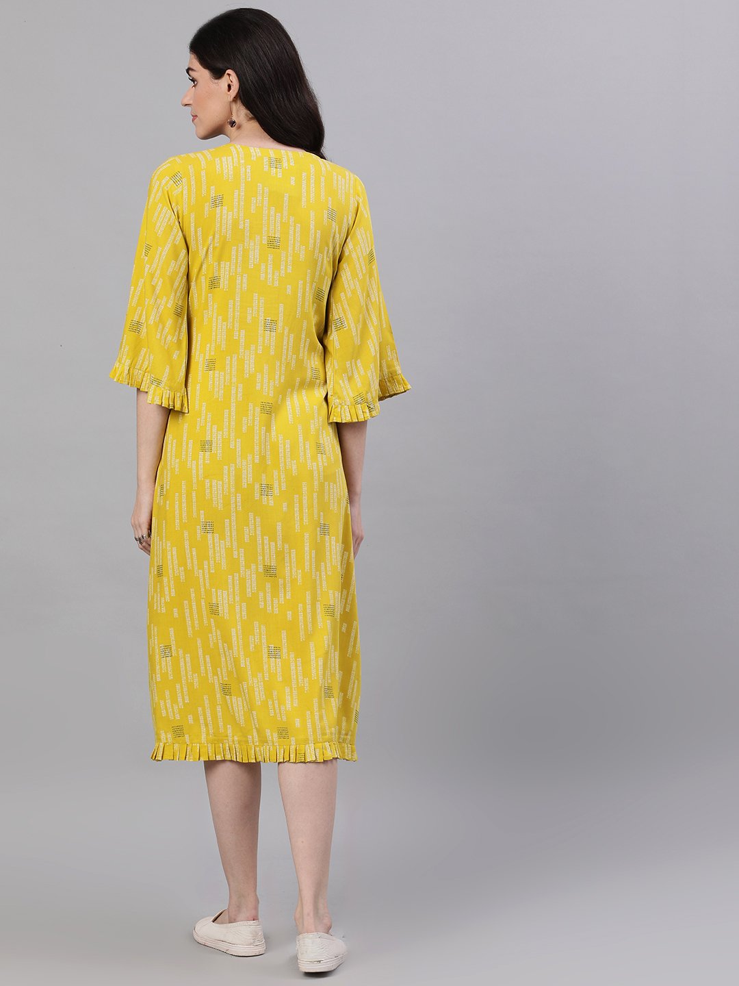 Women's Yellow Conversational Printed Round Neck Viscose Rayon A-Line Dress