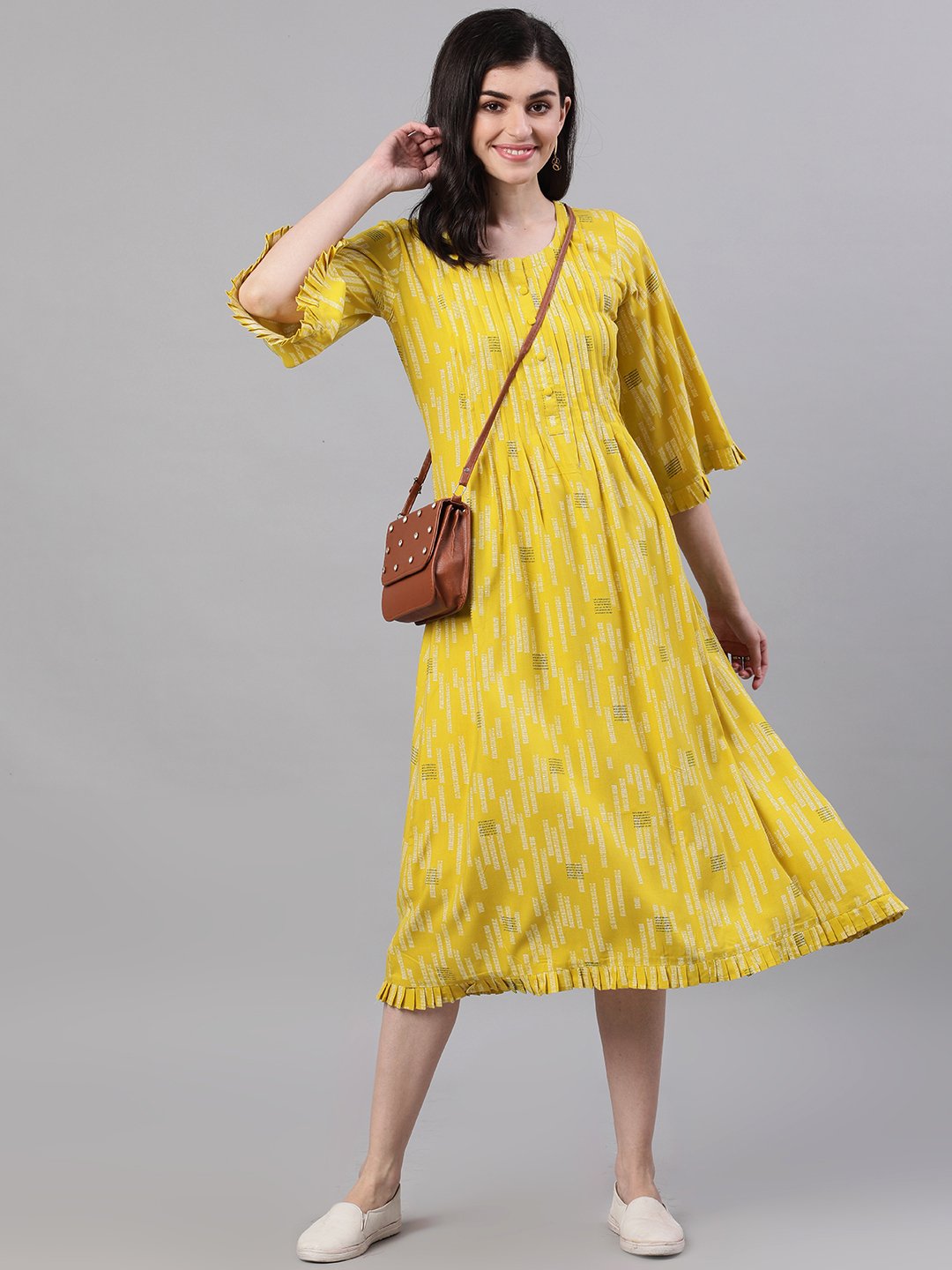 Women's Yellow Conversational Printed Round Neck Viscose Rayon A-Line Dress