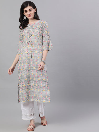 Women's Grey Ethnic Motifs Printed V-Neck Cotton A-Line Dress