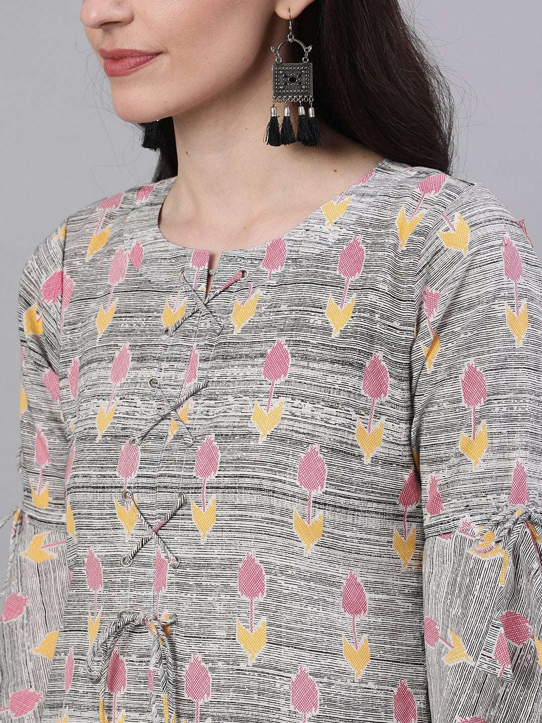 Women's Grey Ethnic Motifs Printed V-Neck Cotton A-Line Dress