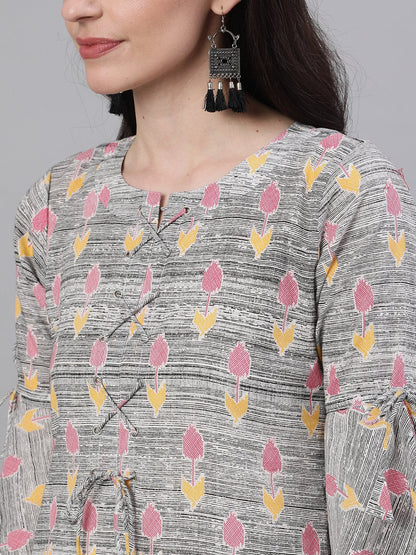 Women's Grey Ethnic Motifs Printed V-Neck Cotton A-Line Dress