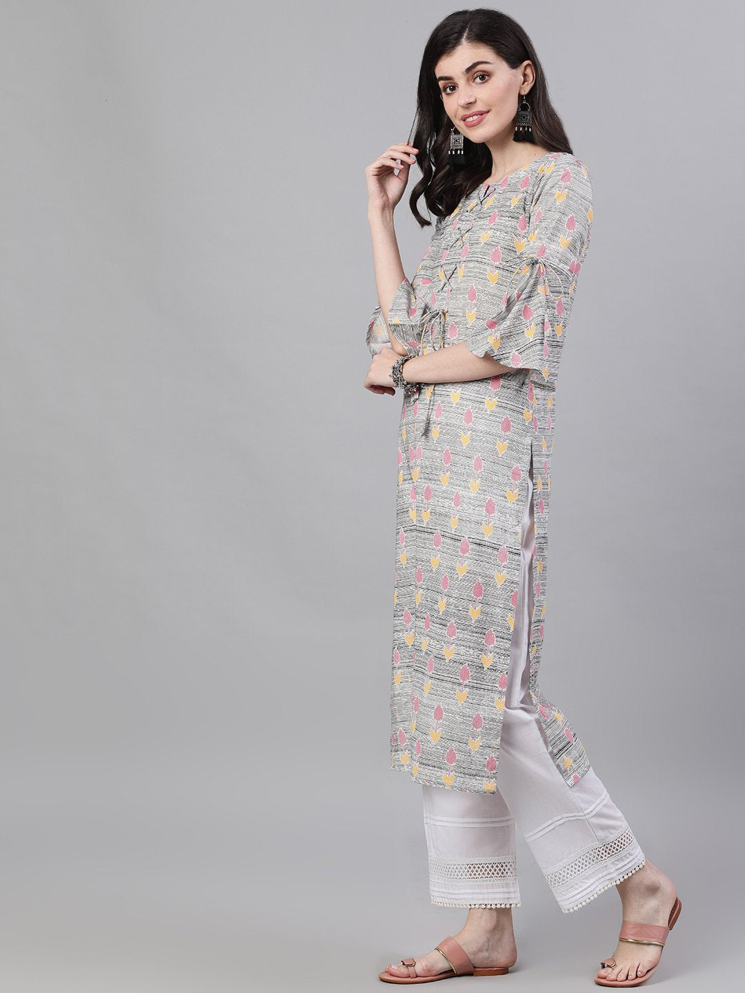 Women's Grey Ethnic Motifs Printed V-Neck Cotton A-Line Dress