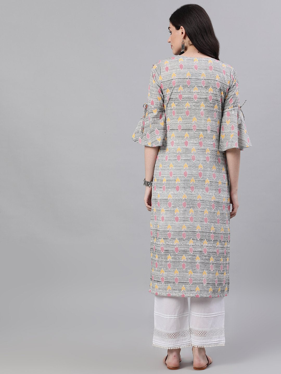Women's Grey Ethnic Motifs Printed V-Neck Cotton A-Line Dress