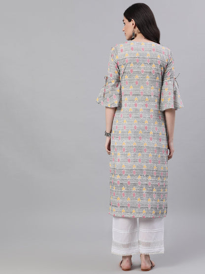Women's Grey Ethnic Motifs Printed V-Neck Cotton A-Line Dress