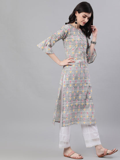 Women's Grey Ethnic Motifs Printed V-Neck Cotton A-Line Dress