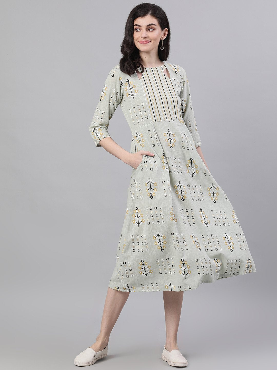 Women's Sage Green Floral Printed Boat Neck Cotton A-Line Dress