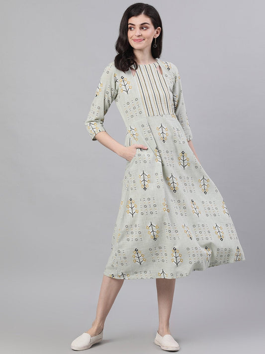 Women's Sage Green Floral Printed Boat Neck Cotton A-Line Dress