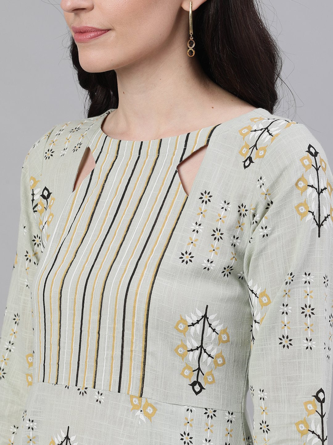Women's Sage Green Floral Printed Boat Neck Cotton A-Line Dress