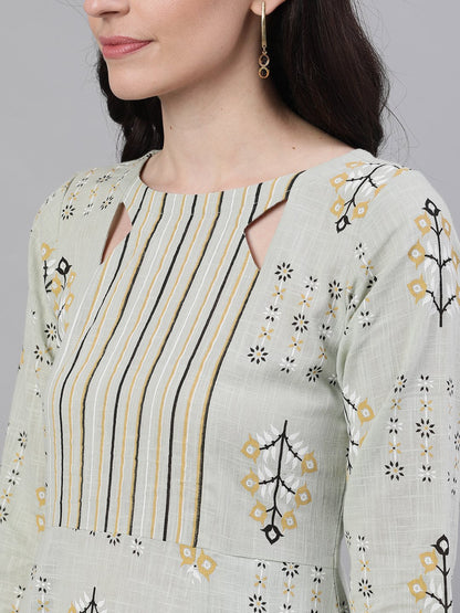 Women's Sage Green Floral Printed Boat Neck Cotton A-Line Dress
