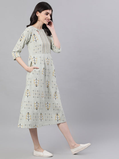 Women's Sage Green Floral Printed Boat Neck Cotton A-Line Dress