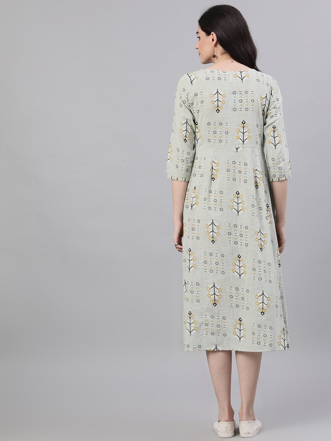 Women's Sage Green Floral Printed Boat Neck Cotton A-Line Dress