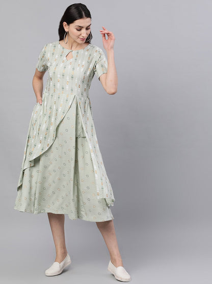 Women's Sage Green Geometric Printed Keyhole Neck Viscose Rayon Fit And Flare Dress