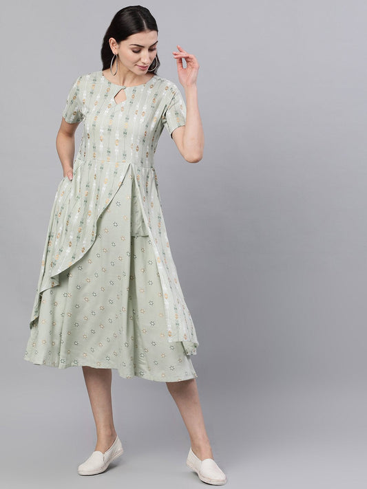 Women's Sage Green Geometric Printed Keyhole Neck Viscose Rayon Fit And Flare Dress