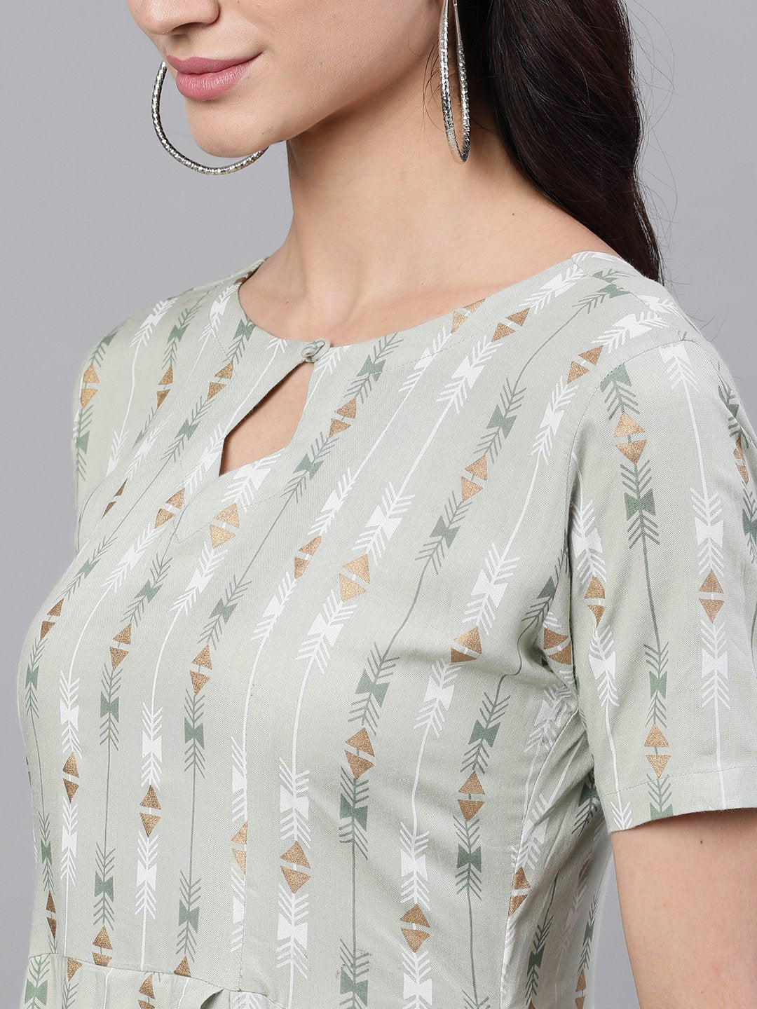 Women's Sage Green Geometric Printed Keyhole Neck Viscose Rayon Fit And Flare Dress