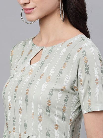 Women's Sage Green Geometric Printed Keyhole Neck Viscose Rayon Fit And Flare Dress