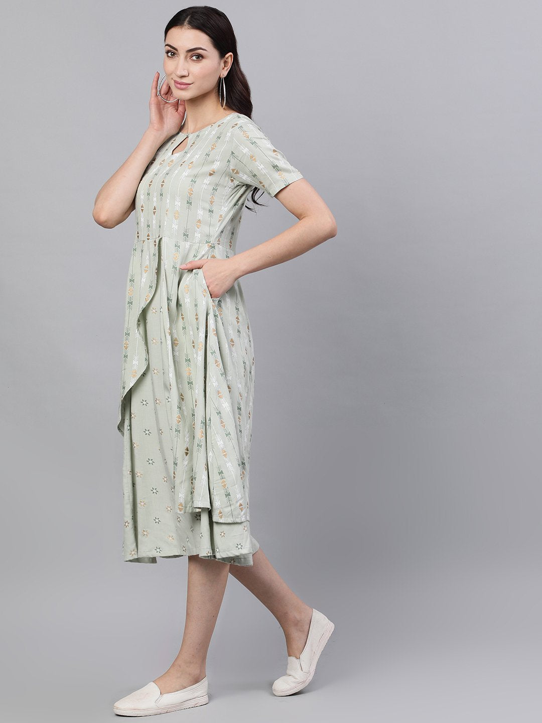 Women's Sage Green Geometric Printed Keyhole Neck Viscose Rayon Fit And Flare Dress