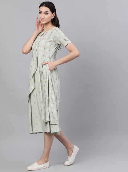Women's Sage Green Geometric Printed Keyhole Neck Viscose Rayon Fit And Flare Dress