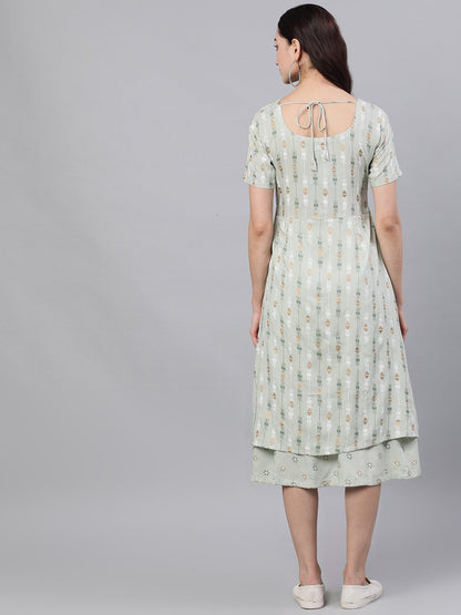 Women's Sage Green Geometric Printed Keyhole Neck Viscose Rayon Fit And Flare Dress