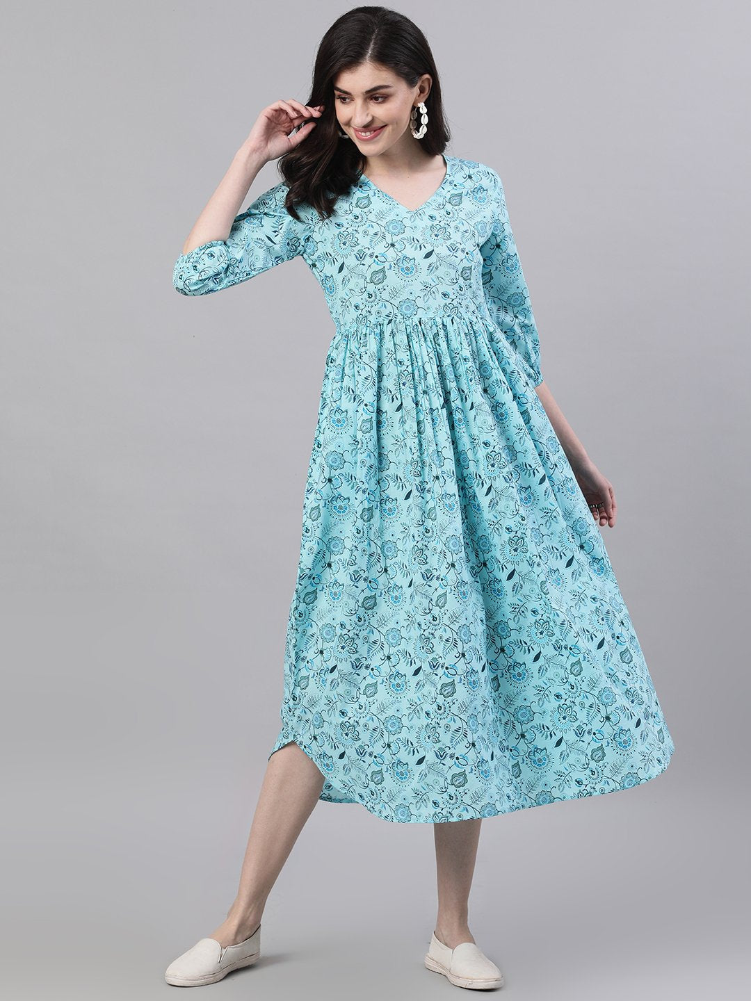 Women's Blue Floral Printed V-Neck Cotton Fit And Flare Dress