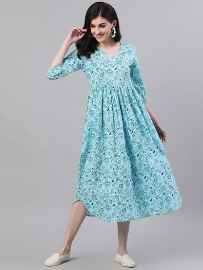 Women's Blue Floral Printed V-Neck Cotton Fit And Flare Dress