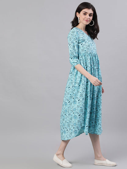 Women's Blue Floral Printed V-Neck Cotton Fit And Flare Dress
