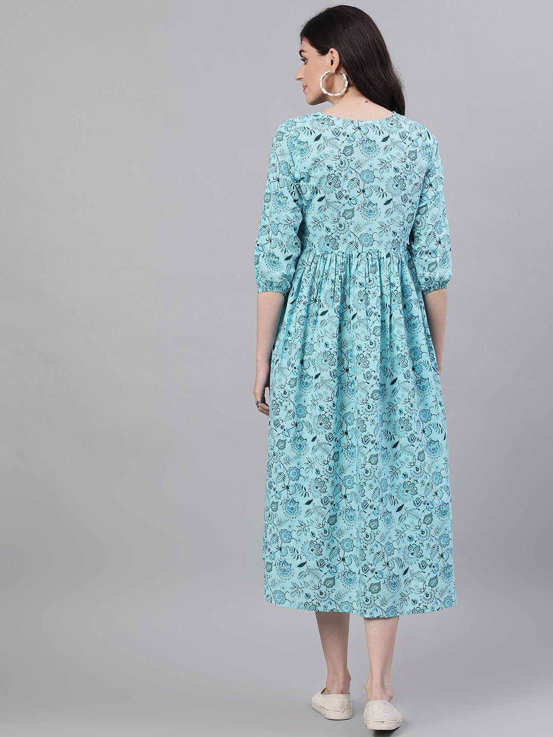 Women's Blue Floral Printed V-Neck Cotton Fit And Flare Dress
