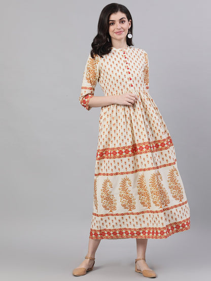 Women's White Ethnic Motifs Printed Mandarin Collar Cotton Maxi Dress