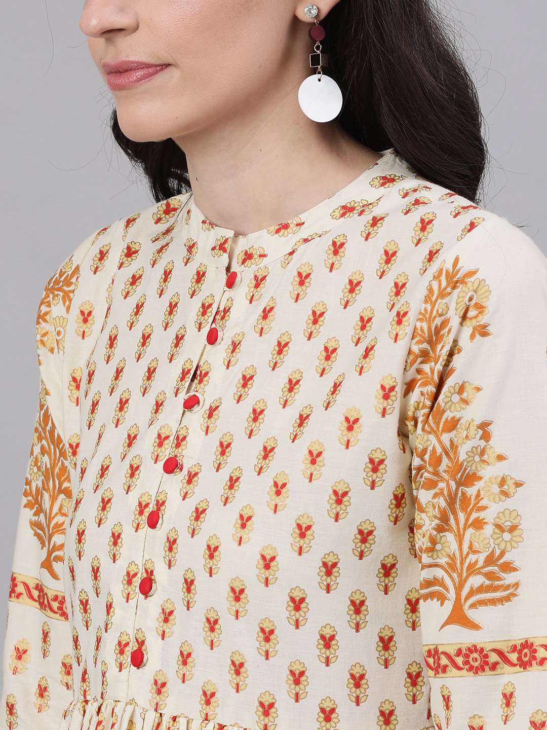 Women's White Ethnic Motifs Printed Mandarin Collar Cotton Maxi Dress