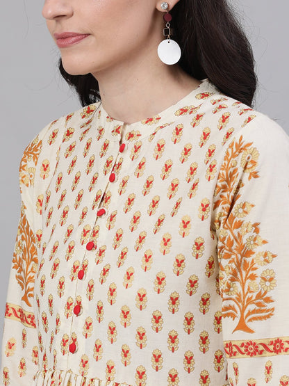 Women's White Ethnic Motifs Printed Mandarin Collar Cotton Maxi Dress