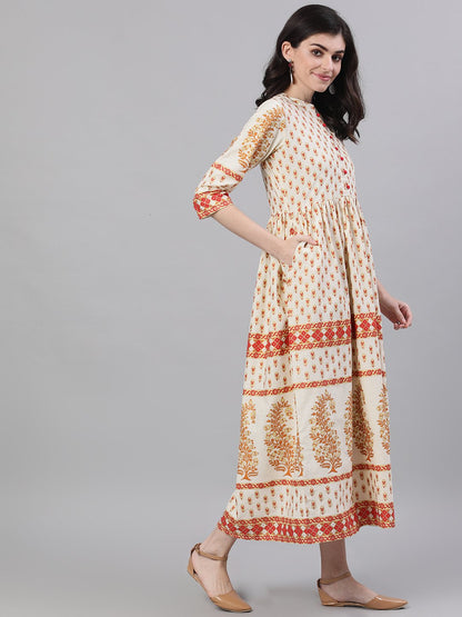 Women's White Ethnic Motifs Printed Mandarin Collar Cotton Maxi Dress