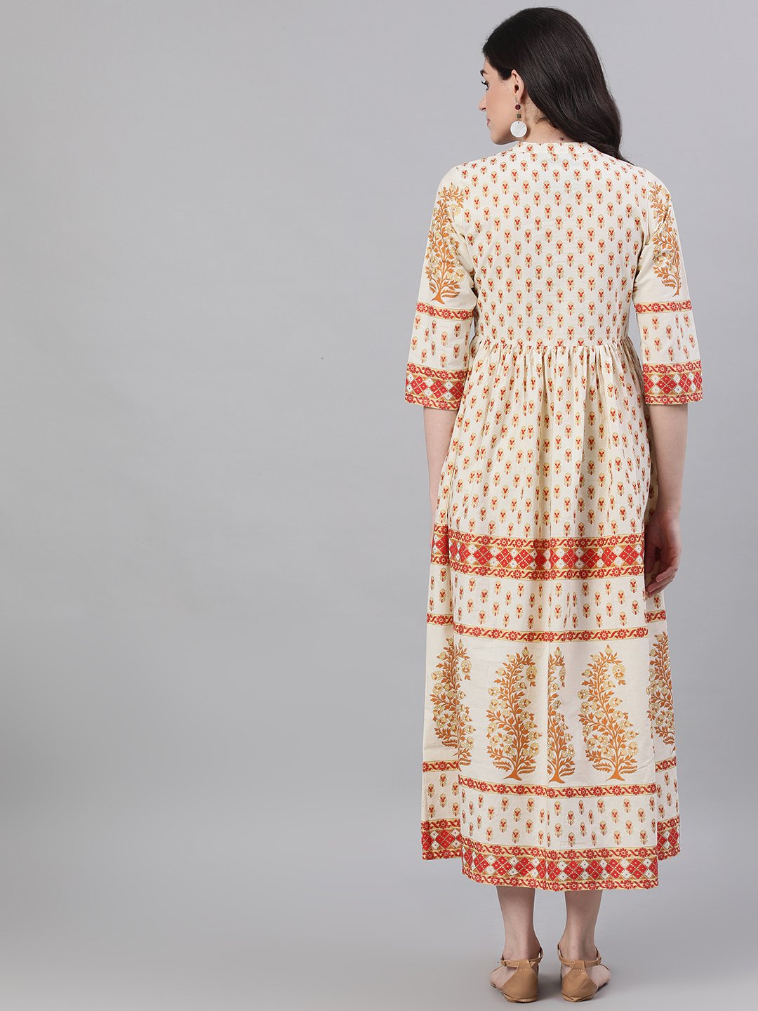 Women's White Ethnic Motifs Printed Mandarin Collar Cotton Maxi Dress