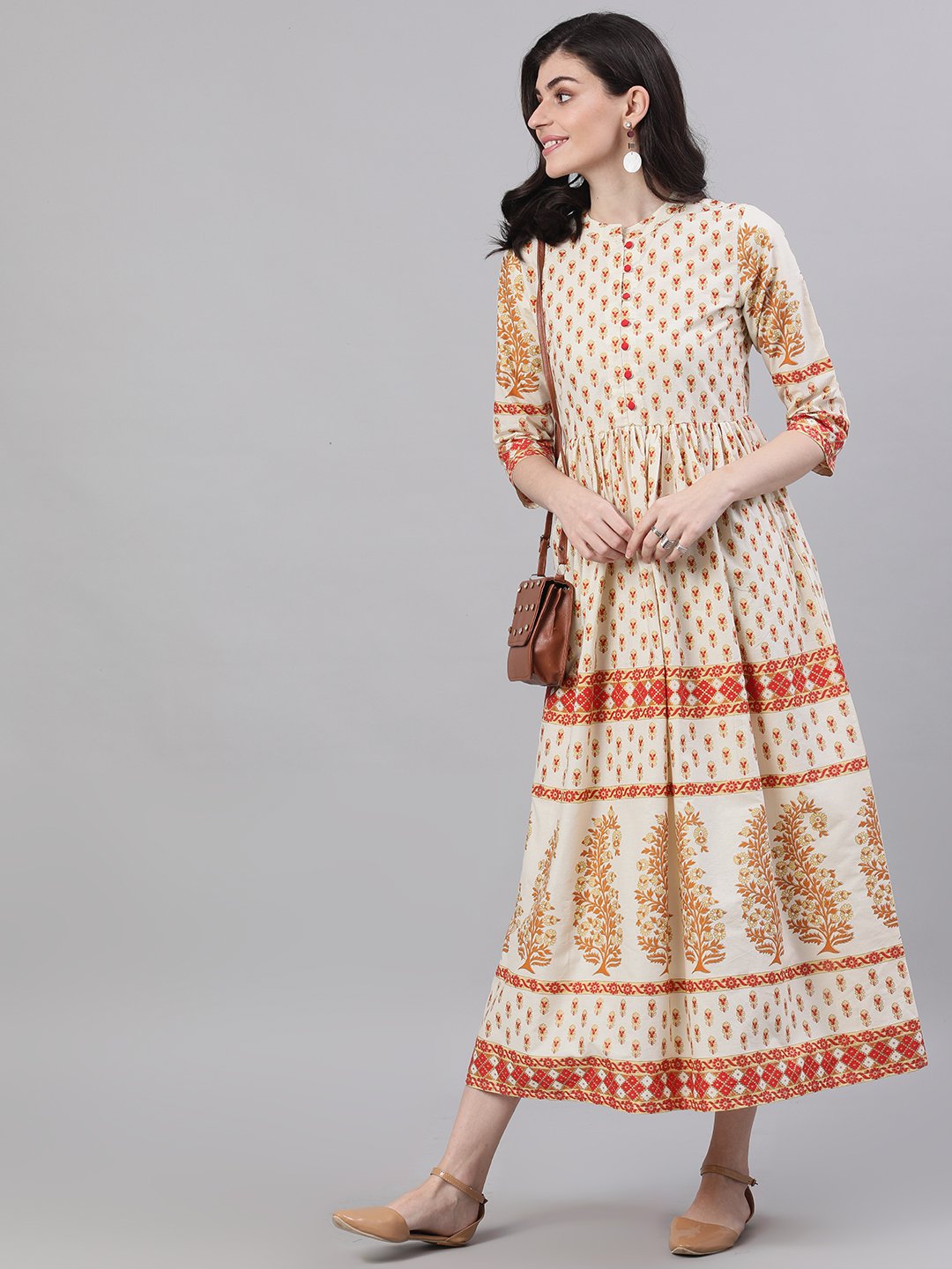 Women's White Ethnic Motifs Printed Mandarin Collar Cotton Maxi Dress