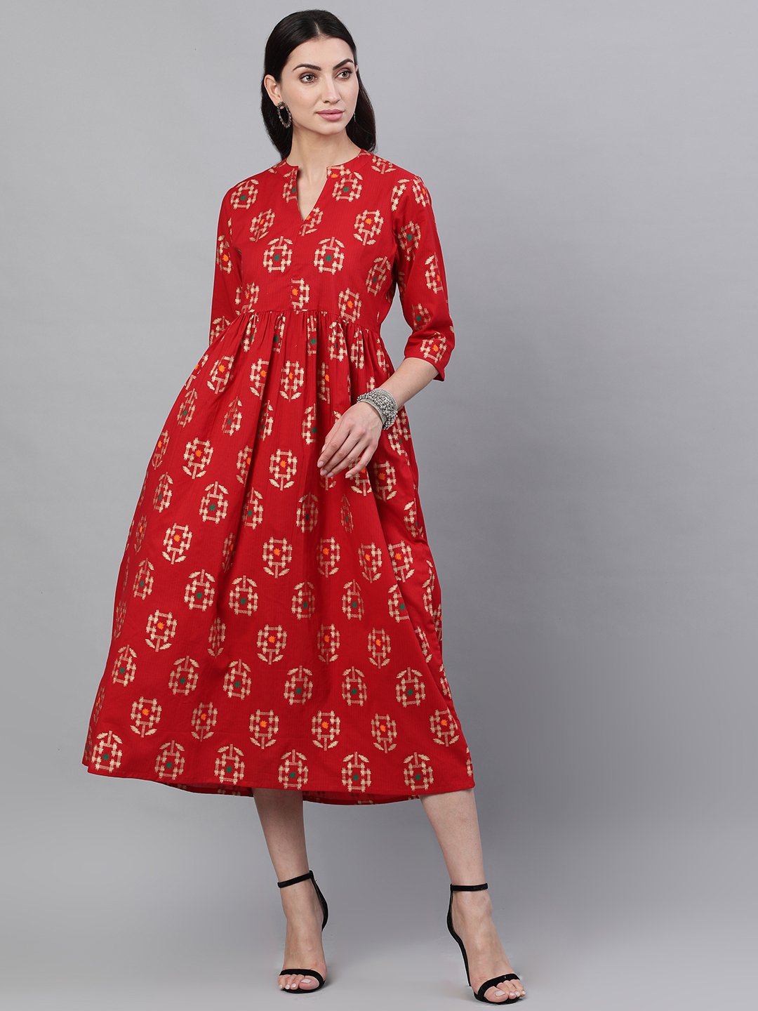 Women's Red Ethnic Motifs Printed Mandarin Collar Viscose Rayon Maxi Dress