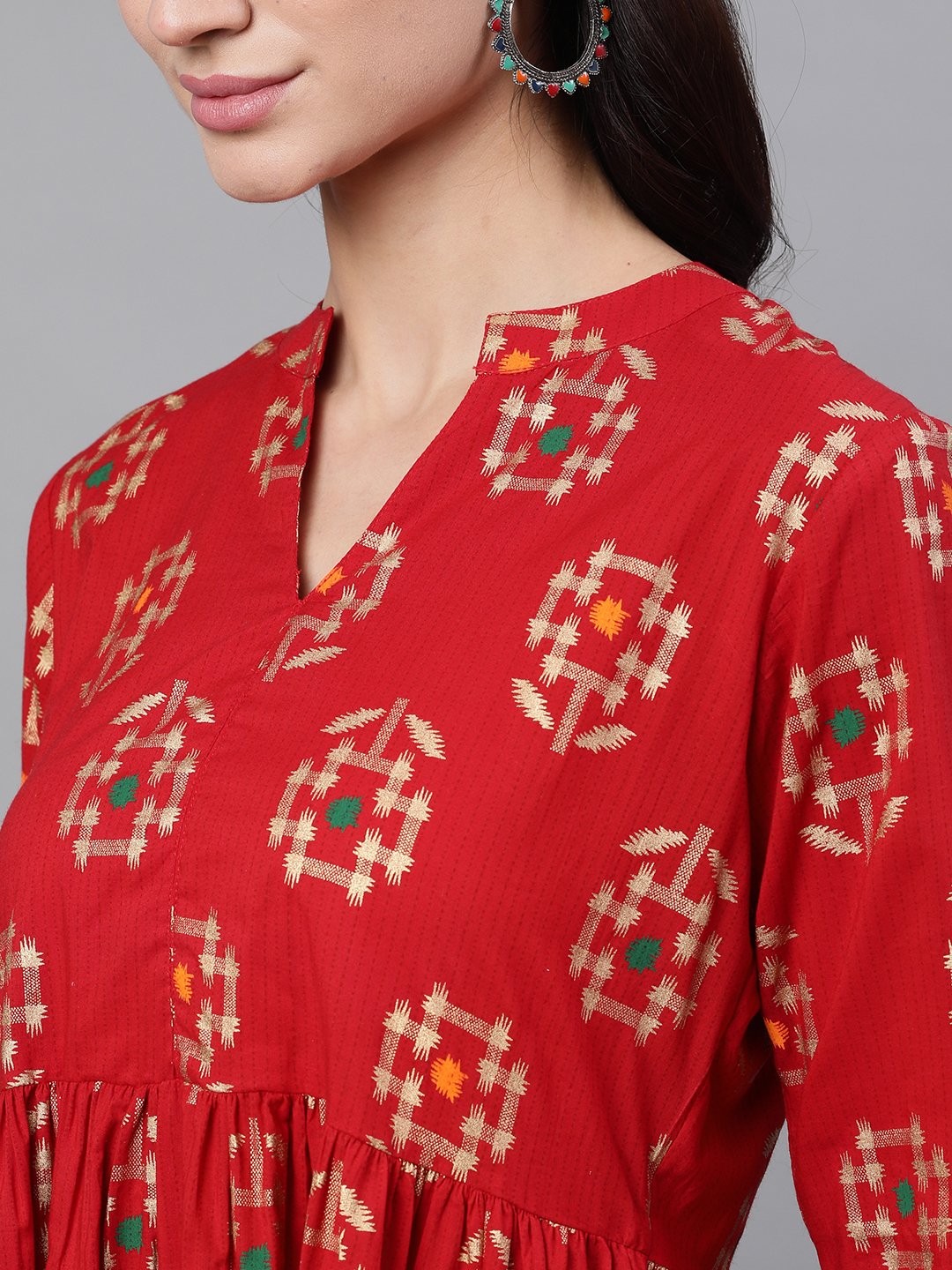 Women's Red Ethnic Motifs Printed Mandarin Collar Viscose Rayon Maxi Dress
