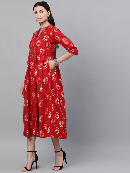 Women's Red Ethnic Motifs Printed Mandarin Collar Viscose Rayon Maxi Dress