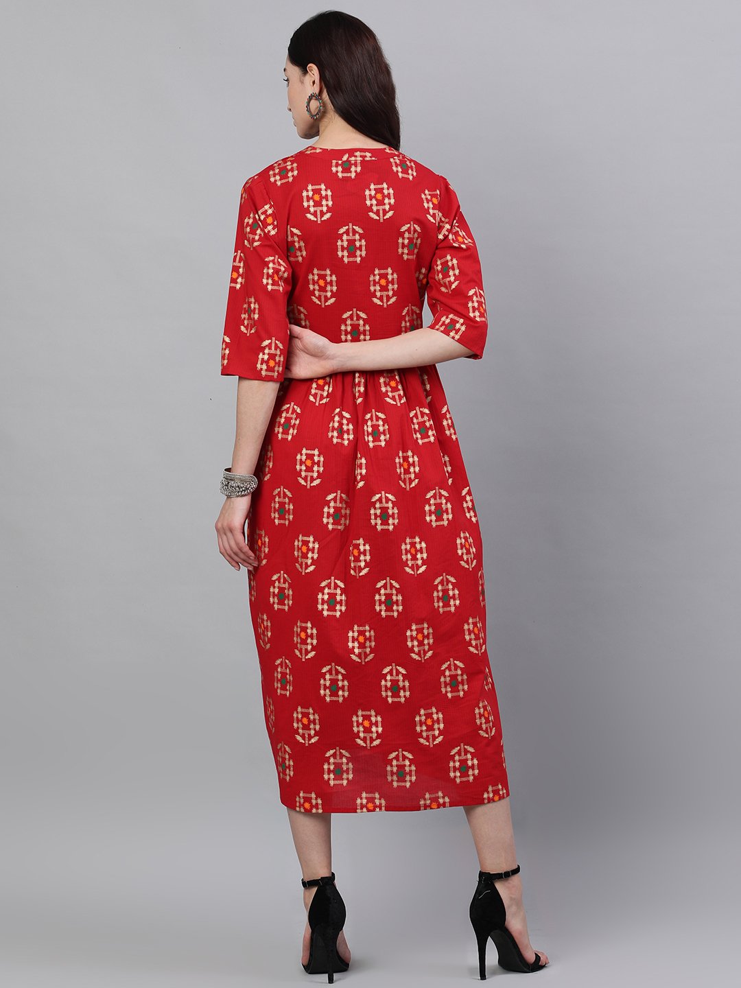 Women's Red Ethnic Motifs Printed Mandarin Collar Viscose Rayon Maxi Dress