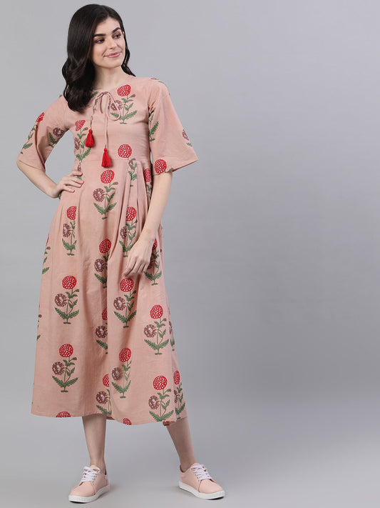 Women's Dusty Pink Floral Printed Tie-Up Neck Cotton Maxi Dress