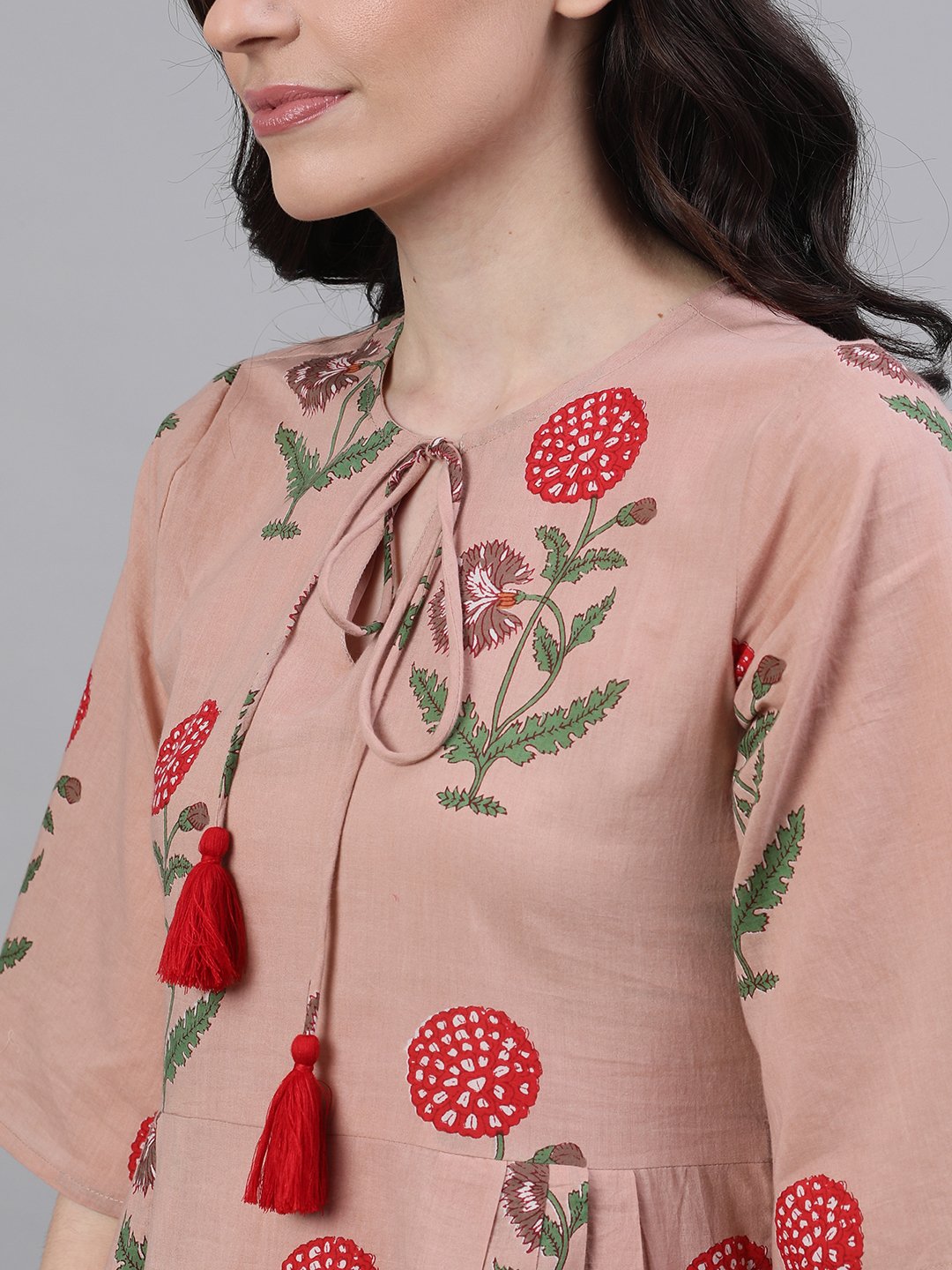 Women's Dusty Pink Floral Printed Tie-Up Neck Cotton Maxi Dress
