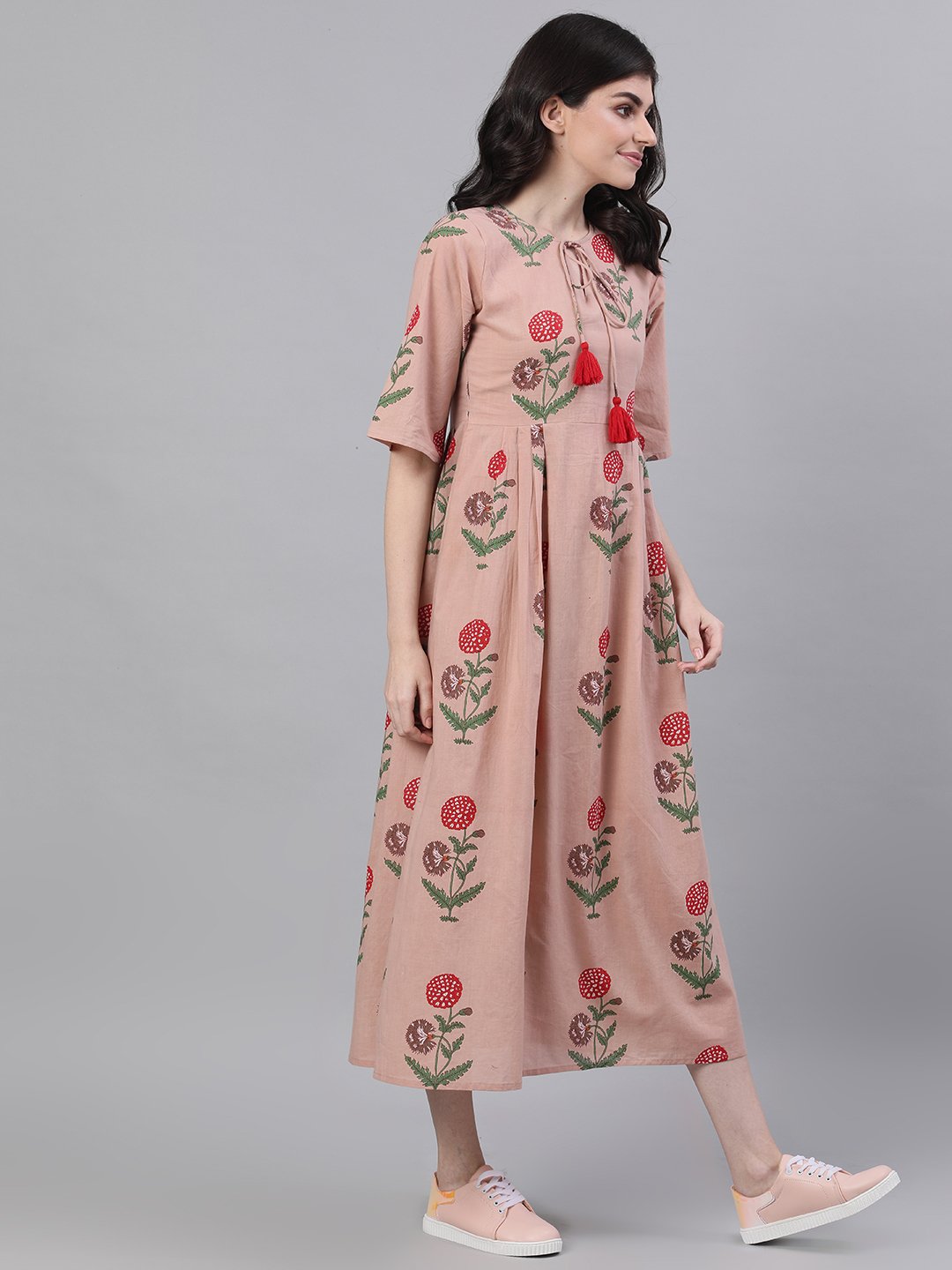 Women's Dusty Pink Floral Printed Tie-Up Neck Cotton Maxi Dress