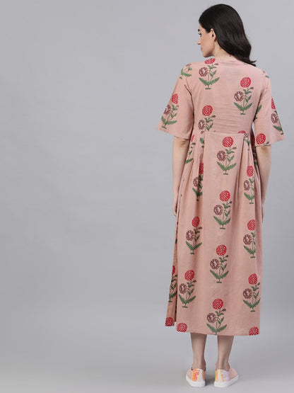 Women's Dusty Pink Floral Printed Tie-Up Neck Cotton Maxi Dress