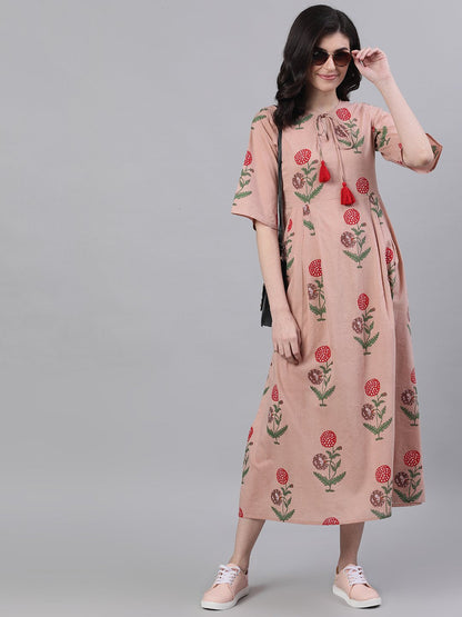 Women's Dusty Pink Floral Printed Tie-Up Neck Cotton Maxi Dress