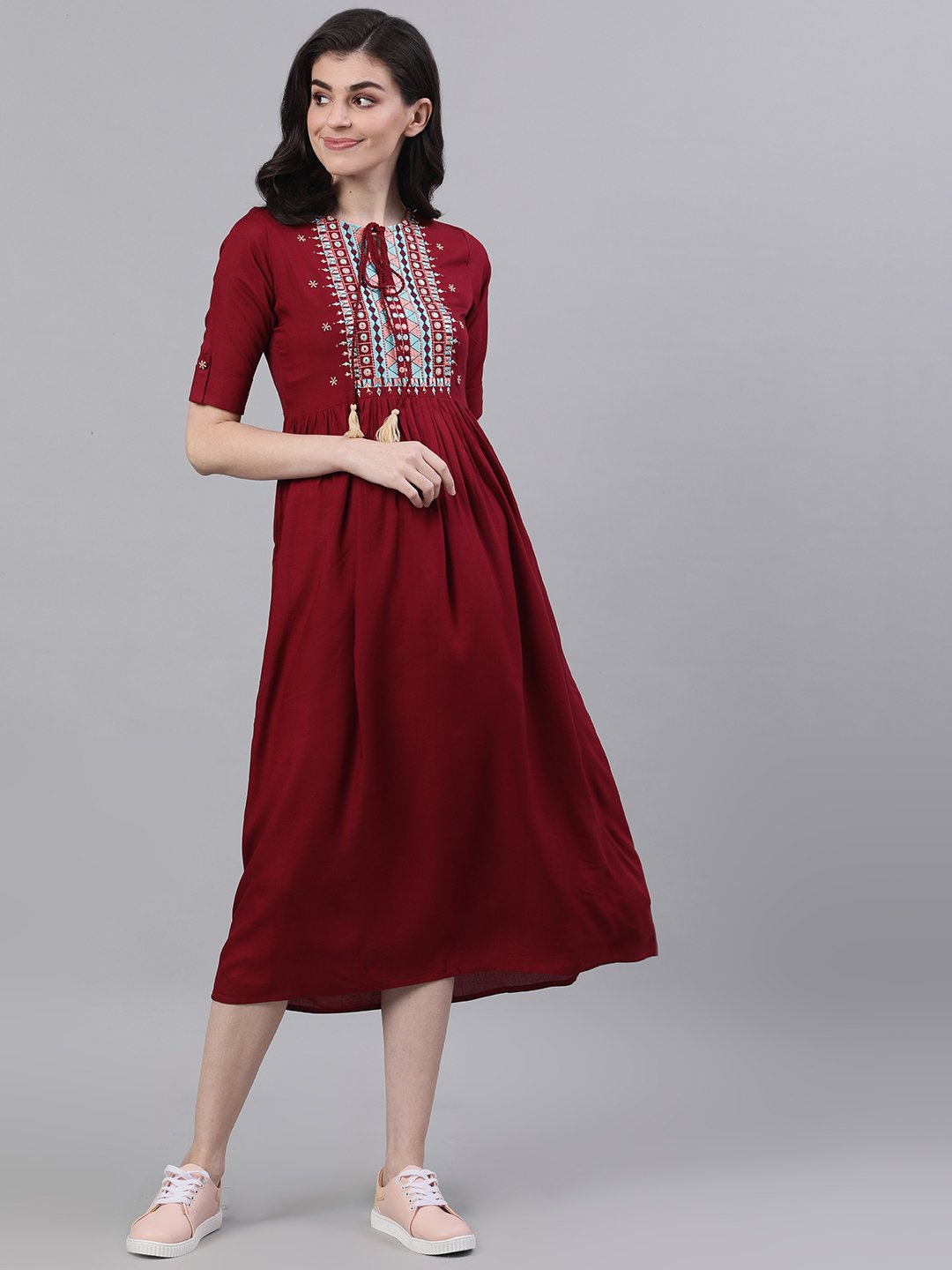 Women's Maroon Solid Embroidered Tie-Up Neck Viscose Rayon A-Line Dress